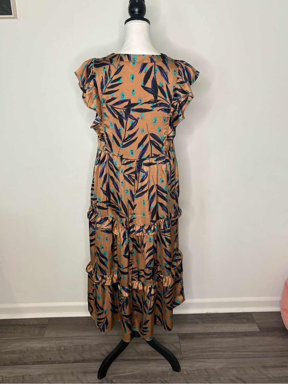 Entro Floral Ruffle Maxi Dress Small Boho Satin Brown Teal Tiered V Neck - Picture 6 of 7